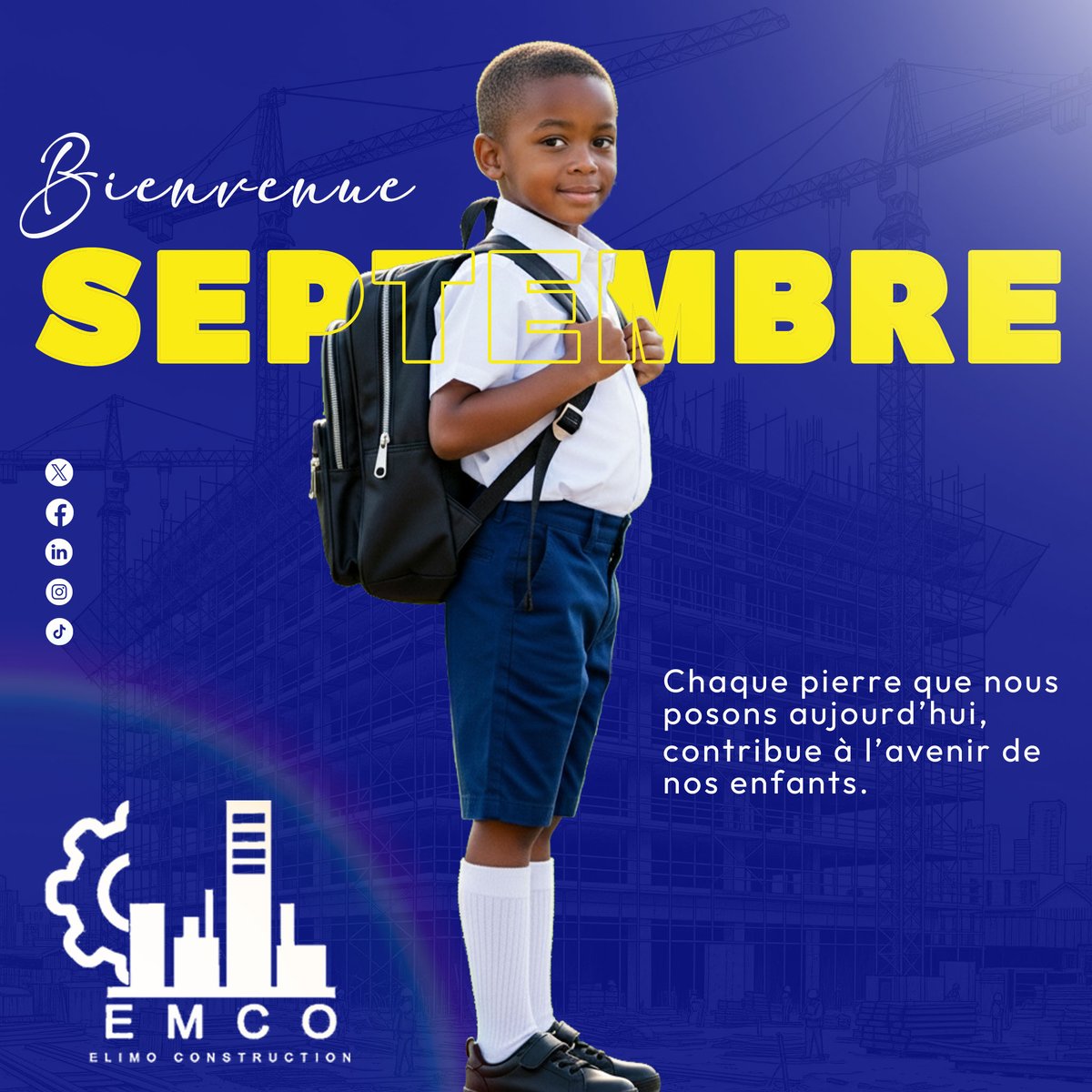 ElimoConst's tweet photo. Bienvenue Septembre !

Un nouveau mois, une nouvelle chance de bâtir, de rêver et de construire l’essentiel.

"Chaque pierre que nous posons aujourd’hui contribue à bâtir l’avenir de nos enfants."
 
Chez Elimo Construction, chaque projet une vision tournée vers demain. https://t.co/sIqirMBPDN