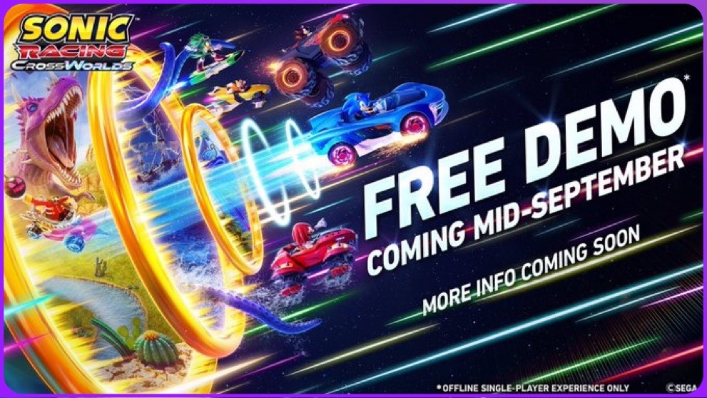 Sega has announced that the single-player demo for Sonic Racing CrossWorlds will be released in mid-September.

More information will be released soon 🏁