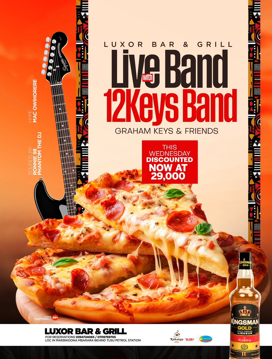Elevate your Wednesday nights at Luxor Bar &amp; Grill <a href="/LuxorBarMbra/">Luxor Bar & Grill</a> with the soulful sounds of the 12Keys Band.<a href="/12keysband/">12Keys</a> .

#12keysband #grahamkeysmusic #celebratinglove

<a href="/GrahamKeysMusic/">Graham K Mabanga</a> <a href="/Mavadostylez/">Mavado Styles🔥🇺🇬</a> <a href="/candleronah/">Essential student ❤️🇺🇬✌️</a> @Sandrah876 <a href="/PatraUg1/">Patra Ug</a> <a href="/tpaul256/">T PAUL 256</a> <a href="/Cartoon_Guy_/">The Cartoon Guy</a> <a href="/ENayebembera/">Nayebembera Emmanuel</a>