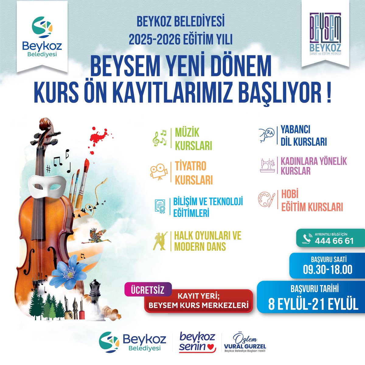 🚀 BEYSEM’de 2025-2026 eğitim yılında ücretsiz kurslarımız için ön kayıtlar başladı! ✨

Beykozlu komşularımızı keşfetmeye, öğrenmeye ve gelişmeye davet ediyoruz. 🌟

📅 8 – 21 Eylül
⏰ 09.30 – 18.00
📍 BEYSEM Kurs Merkezleri

📞 Detaylı bilgi: 444 66 61