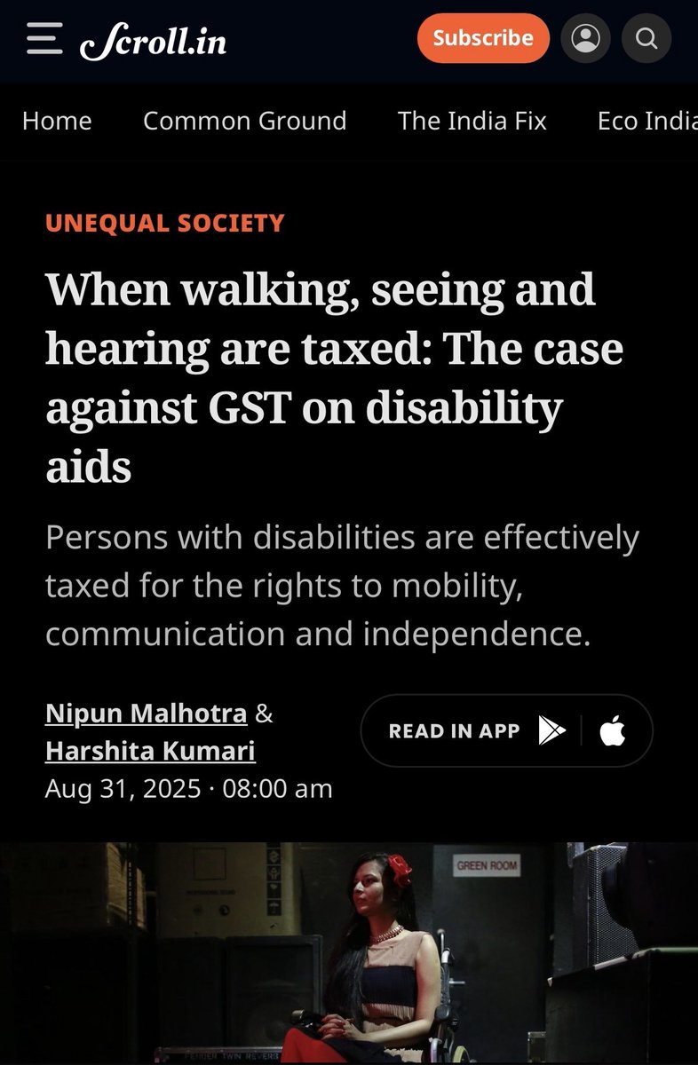 tqh_policy's tweet image. Households with a member with disability require at least 17% more income to maintain the same standard of living, global research shows. In India, where accessibility is already limited and assistive devices are prohibitively costly, GST on disability aids only deepens this…
