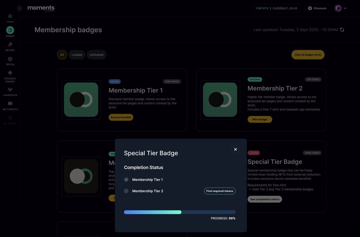 Moments transforms creator workflows with intelligent automation:

🏆Dynamic badge NFTs with auto-unlocks based on fan behavior
⚙️Automated benefit management
🔗Cross-chain collection integrations
📊 Real-world triggers (digital → physical)

deepfabrik.com/book-a-demo