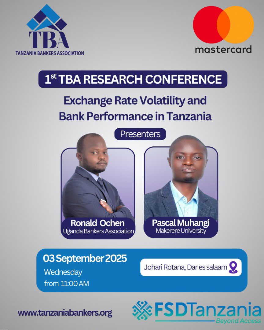 Proud to be shaping the future of Africa’s banking sector through knowledge and research!

Our Senior Research Officer <a href="/OchenRonald/">Ronald Ochen @Wod Acholi</a> , together with <a href="/p_muhangi/">Pascal Muhangi</a> from <a href="/OfficialMubs/">Makerere University Business School</a> , will share key insights from their paper “Exchange Rate Volatility and Bank Performance in Tanzania”
