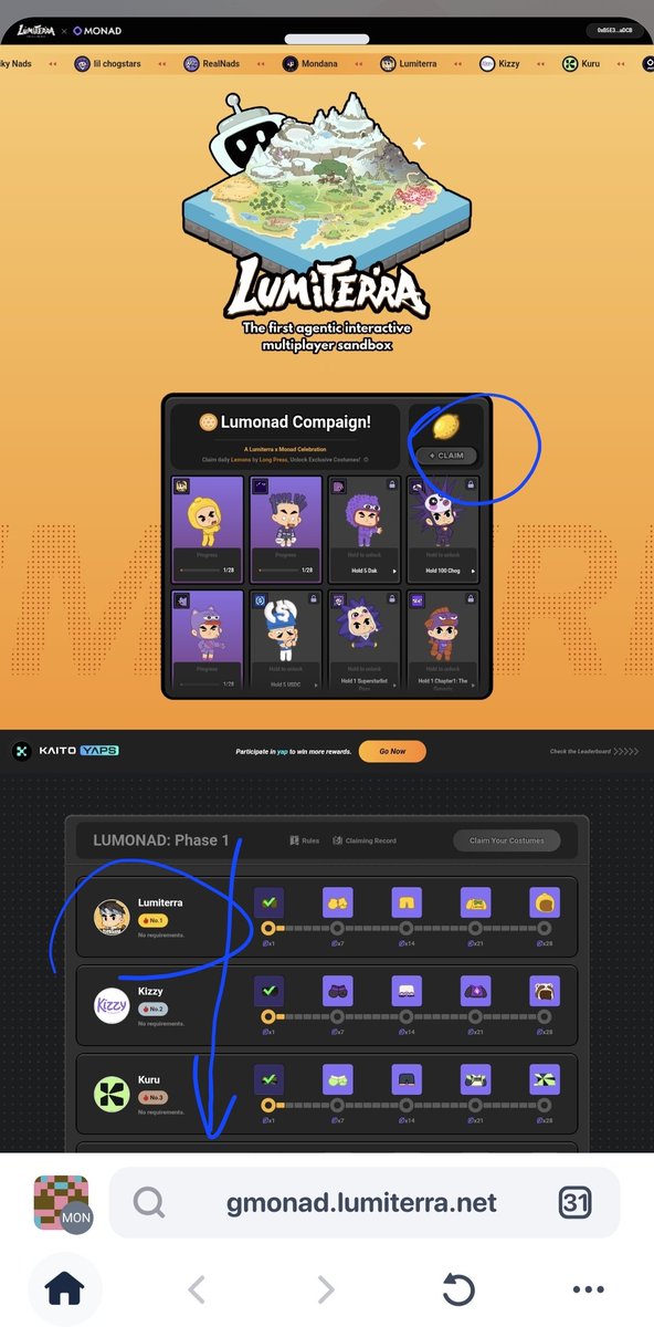 Gmonad

Join <a href="/LumiterraGame/">Lumiterra</a> and claim lemons.

To claim, you simply hold the "claim" icon till its fully charged, which then prompt a txn on #monad network.

Endeavor to hold some $mon in your connected wallet.

Other requirements needed are there.

Read them and do it.

GG