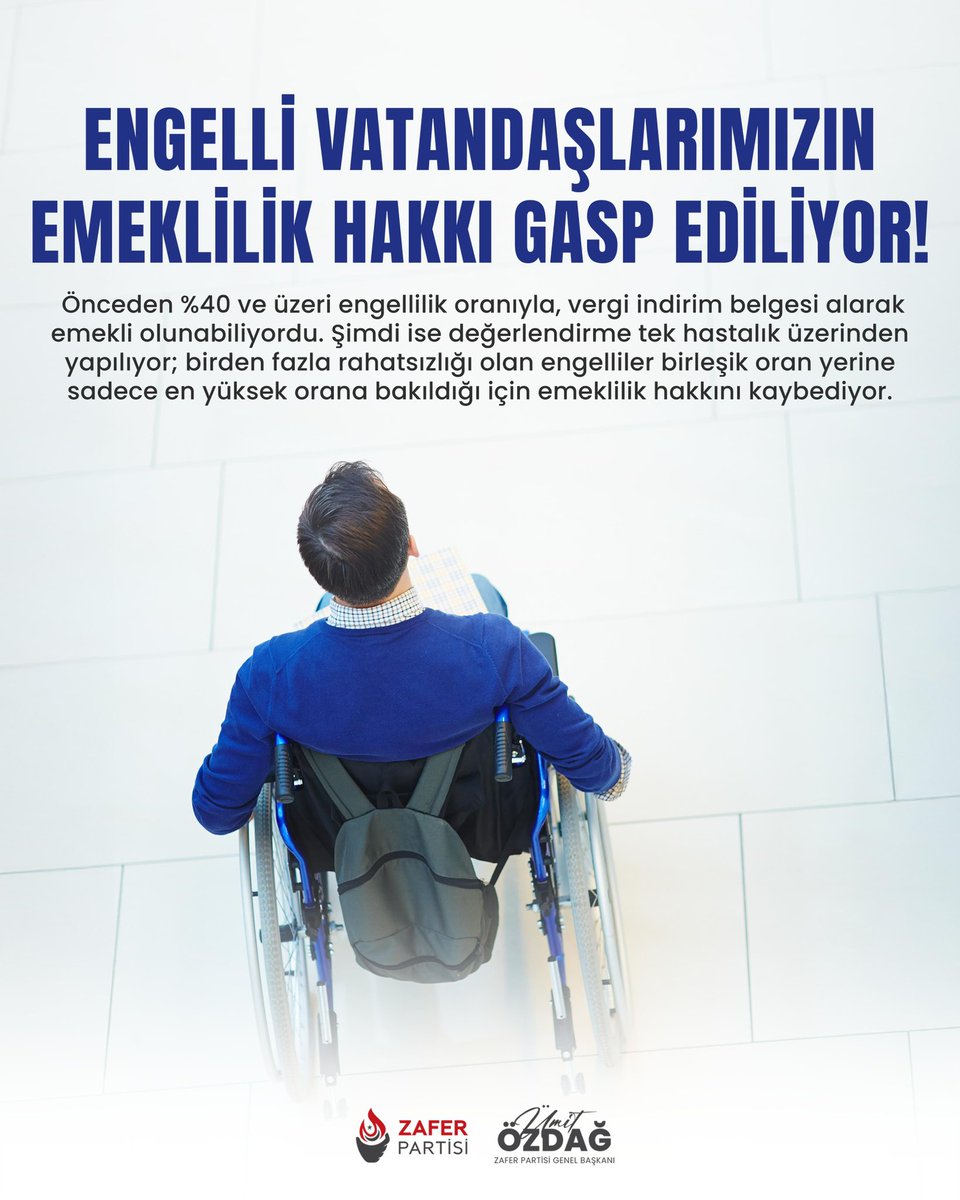 15 Ocak 2025’te çıkarılan kanunla engelli vatandaşlarımızın emeklilik hakkı gasp edildi.

2008 öncesi sigortalıların vergi indirim belgesiyle emeklilik yolu kapatıldı, onların da emekliliği artık SGK’nın dar çalışma iş gücü kaybı kıstaslarına bağlandı. Önceden %40 ve üzeri