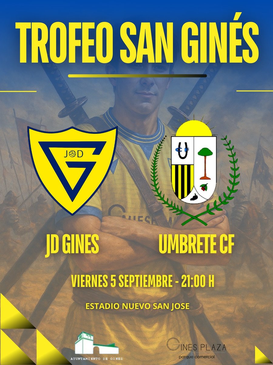 Ayuntamiento de Gines (@aytogines) on Twitter photo ⚽ El Trofeo San Ginés de fútbol enfrenta este viernes día 5 a <a href="/jdginesoficial/">𝙅𝙪𝙫𝙚𝙣𝙩𝙪𝙙 𝘿𝙚𝙥𝙤𝙧𝙩𝙞𝙫𝙖 𝙂𝙞𝙣𝙚𝙨</a> y Umbrete CF.
➡️ A las 21.00 horas en el Estadio Nuevo San José.
ℹ️ Te dejamos más información aquí:
ayuntamientodegines.es/2025/09/02/el-…
#SienteGines #GinEsDeporte ⚽ El Trofeo San Ginés de fútbol enfrenta este viernes día 5 a <a href="/jdginesoficial/">𝙅𝙪𝙫𝙚𝙣𝙩𝙪𝙙 𝘿𝙚𝙥𝙤𝙧𝙩𝙞𝙫𝙖 𝙂𝙞𝙣𝙚𝙨</a> y Umbrete CF.
➡️ A las 21.00 horas en el Estadio Nuevo San José.
ℹ️ Te dejamos más información aquí:
ayuntamientodegines.es/2025/09/02/el-…
#SienteGines #GinEsDeporte