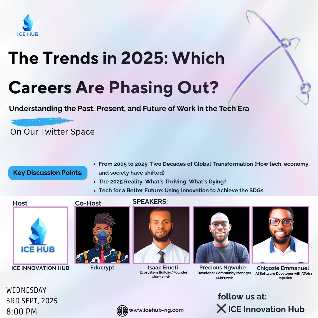 ICEHub_Africa's tweet image. Join our Twitter space this Wednesday, 3rd September, for an undiluted conversation.

Theme: The Trends in 2025: Which Careers Are Phasing Out?

#icehub #Techforfuture #TwitterSpace #TechinNnewi