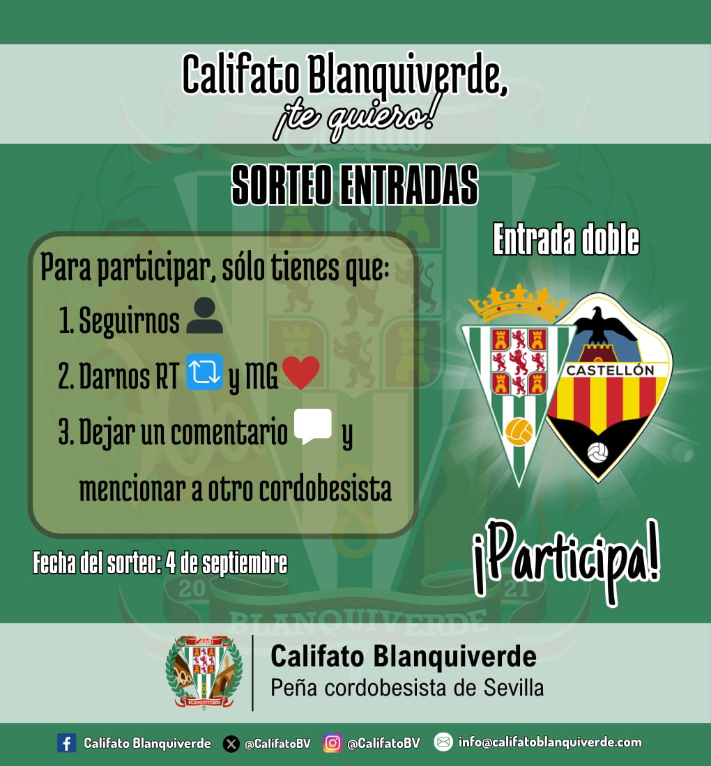 ⁉️ ¿𝗟𝗟𝗘𝗚𝗔𝗥𝗔́ 𝗟𝗔 𝗣𝗥𝗜𝗠𝗘𝗥𝗔?

Participa en el sorteo de una entrada doble y disfruta del #CórdobaCastellón de este viernes con un/a acompañante.

📅 Fecha del sorteo: 4 de septiembre.

#CalifatoBlanquiverde
