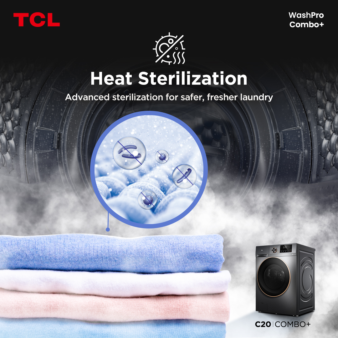 TCLPH's tweet image. With TCL C20, laundry goes beyond the surface. Its Heat Sterilization feature deeply cleans, killing off bacteria and allergens you can’t see. So every load isn’t just washed, it’s cared for with advanced hygiene protection.

#TCLC20 #TCLWashPro #TCLComboPlus #TCLInspireGreatness