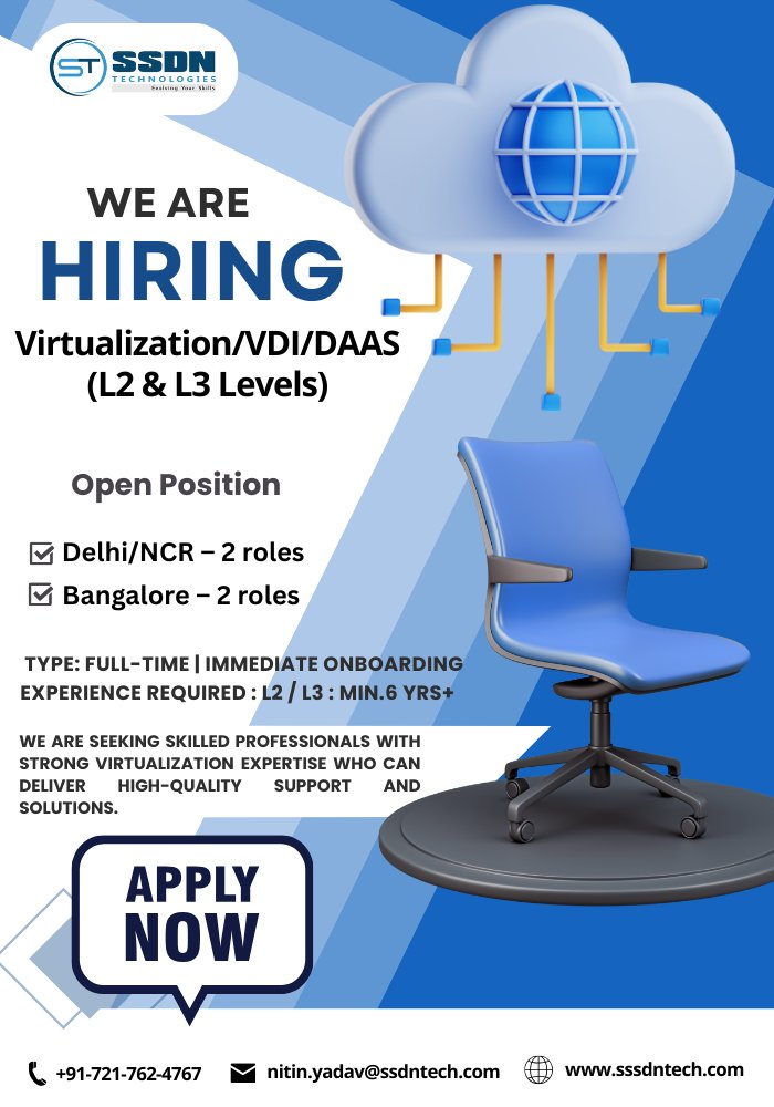 ssdntechnologie's tweet image. We’re Hiring: Virtualization Specialists (L2 &amp;amp; L3)

📩Apply now and don’t miss your chance to power the future of virtualization!

📩 Share your CV at: nitin.yadav@ssdntech.com
📞Contact: +91-721-762-4767

#Citrix #Hiring #ITJobs #JobOpening #SSDNTechnologies #ImmediateHiring