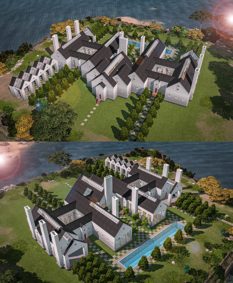 ArchSimStudio's tweet image. I typically prefer to build more classically-inspired homes but this one broke the mould! This Modernist estate was inspired by work of architect Hugh Newell Jacobsen. Love how to turned out and it looks great at night too. This was a build I did in 2023. #showusyourbuilds #ts4