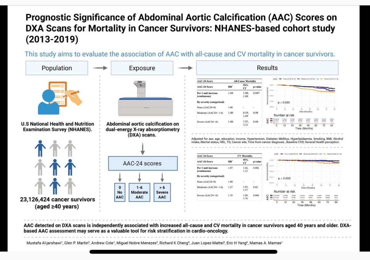 Mamas A. Mamas (@mmamas1973) on Twitter photo Our work led by <a href="/MustafaAjlan/">Mustafa Al-jarshawi</a> published yesterday following #ESCCongress presentation
Abdominal aortic calcification a powerful predictor for cv mortality in cancer survivors
➡️academic.oup.com/ehjopen/advanc… <a href="/mnobremenezes/">Miguel Nobre Menezes</a> <a href="/mirvatalasnag/">MIЯVΛƬ #IC ༄ 。°</a> <a href="/SabhaBhatti/">Sabha Bhatti MD</a> <a href="/purviparwani/">Dr. Purvi Parwani</a> <a href="/kamleshkhunti/">Prof Kamlesh Khunti</a> Our work led by <a href="/MustafaAjlan/">Mustafa Al-jarshawi</a> published yesterday following #ESCCongress presentation
Abdominal aortic calcification a powerful predictor for cv mortality in cancer survivors
➡️academic.oup.com/ehjopen/advanc… <a href="/mnobremenezes/">Miguel Nobre Menezes</a> <a href="/mirvatalasnag/">MIЯVΛƬ #IC ༄ 。°</a> <a href="/SabhaBhatti/">Sabha Bhatti MD</a> <a href="/purviparwani/">Dr. Purvi Parwani</a> <a href="/kamleshkhunti/">Prof Kamlesh Khunti</a>