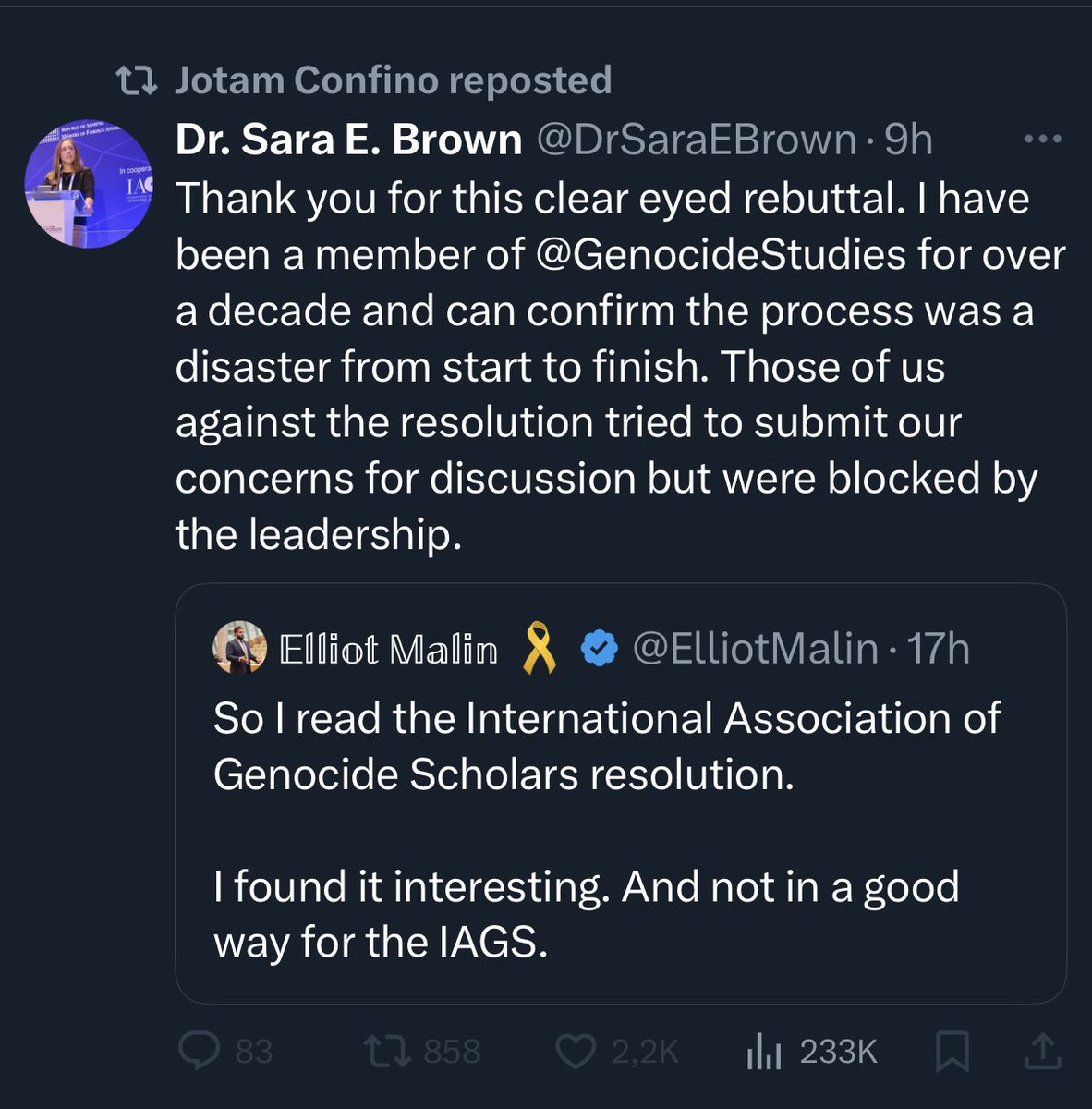 Hjalte Zacharewicz (@hjalteolsen) on Twitter photo Ja - <a href="/mrconfino/">Jotam Confino</a> har været helt stille om gårsdagens folkemords-resolution, INDTIL super-zionisten Sara Brown (som selv er del af og normalt altid hylder AGSs resolutioner), nu udkommer med sin vage kritik af samme.
Det er dybt utroværdigt, Jotam. Ja - <a href="/mrconfino/">Jotam Confino</a> har været helt stille om gårsdagens folkemords-resolution, INDTIL super-zionisten Sara Brown (som selv er del af og normalt altid hylder AGSs resolutioner), nu udkommer med sin vage kritik af samme.
Det er dybt utroværdigt, Jotam.