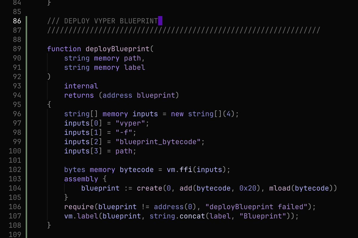 sepyke's tweet image. foundry bros, need to deploy @vyperlang blueprints? 

the deployCode cheatcode won&apos;t work for them, but this simple function will.

it produces the necessary bytecode to deploy an ERC-5202 compatible blueprint

just make sure you have vyper installed and ffi enabled