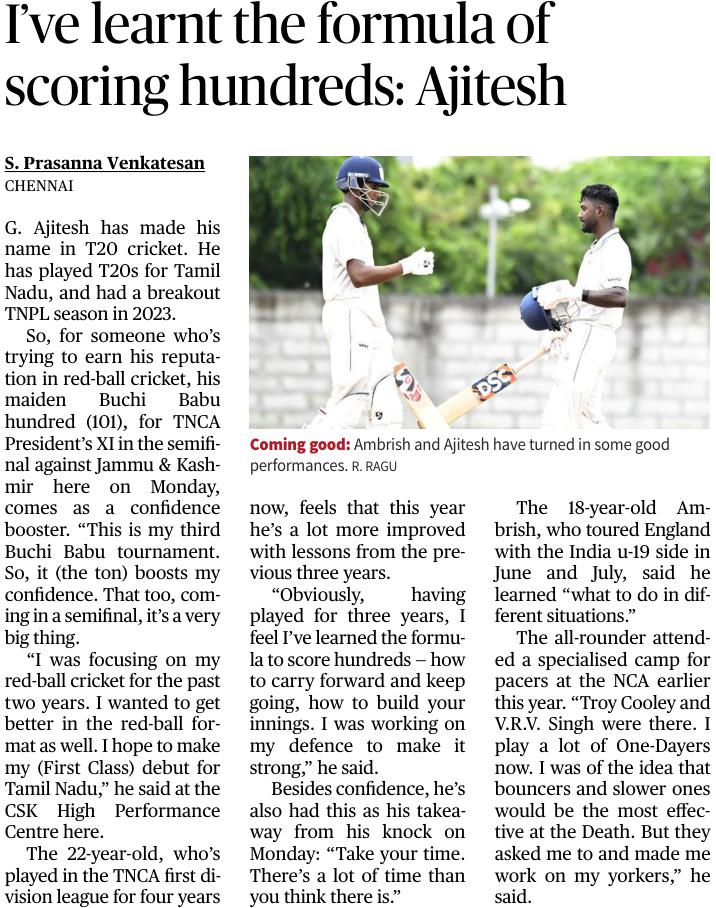 prasreporter's tweet image. #Ajitesh made his name in T20 cricket. He has played T20s for Tamil Nadu and had a breakout #TNPL season in 2023.

So, for someone who&apos;s trying to earn his reputation in red-ball cricket, his maiden Buchi Babu hundred (101), for TNCA President&apos;s XI in the semifinal against Jammu…