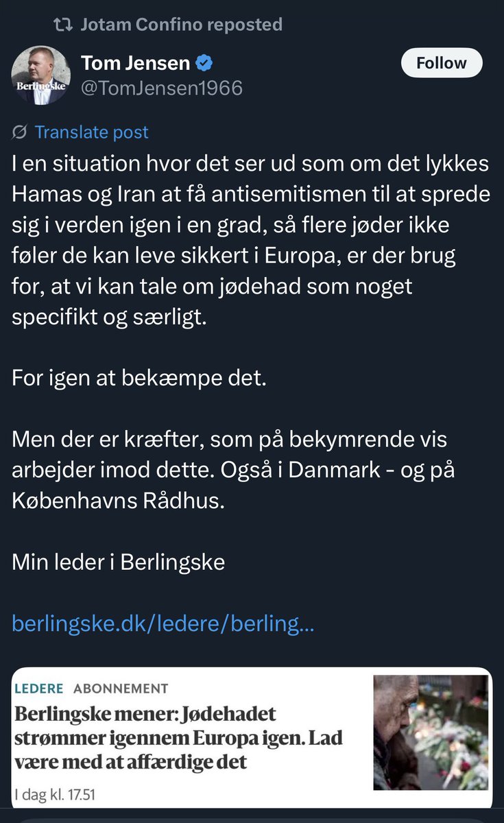 Hjalte Zacharewicz (@hjalteolsen) on Twitter photo Det er Hamas og Iran som er årsag til anti-semitismen opblomstring i Europa. Det har intet at gøre med den nedslagtning og retorik, som Israel og Israles støttere har haft gang i de seneste to år.
Berlingskes chefredaktør, mine damer og herrer. <a href="/TomJensen1966/">Tom Jensen</a> du er en skændsel. Det er Hamas og Iran som er årsag til anti-semitismen opblomstring i Europa. Det har intet at gøre med den nedslagtning og retorik, som Israel og Israles støttere har haft gang i de seneste to år.
Berlingskes chefredaktør, mine damer og herrer. <a href="/TomJensen1966/">Tom Jensen</a> du er en skændsel.