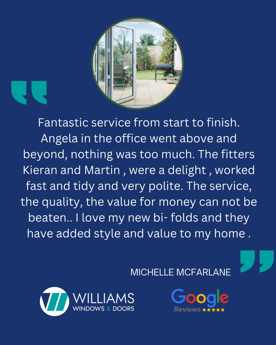 Glasgow_Windows's tweet photo. ⭐ Another amazing review is in! ⭐

"The size scared other companies, but not Williams Windows... they delivered!"

A huge thank you to Michelle McFarlane for her fantastic review of our aluminium bi-fold door installation. We love a challenge 

#WilliamsWindows #BiFoldDoors https://t.co/ri0H9y6mUP