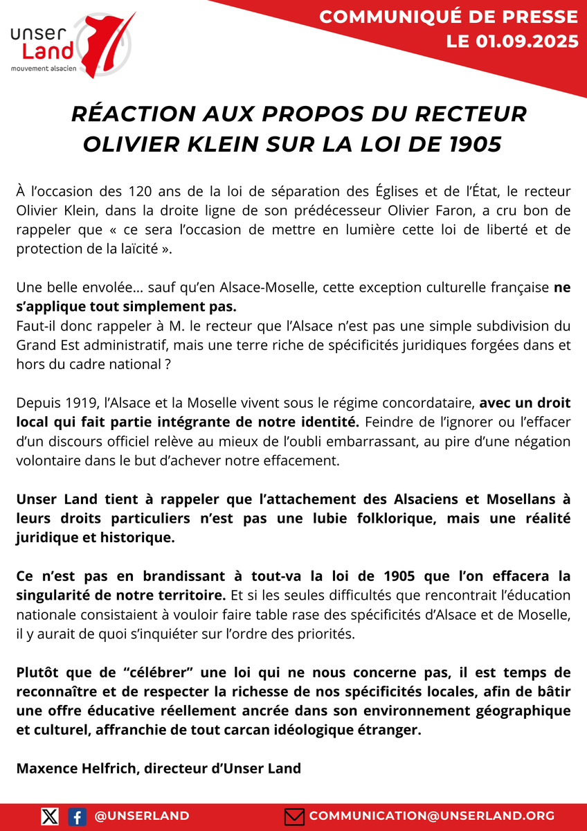 UnserLand's tweet image. 🚨 La loi de 1905 ne s’applique pas en Alsace-Moselle !

Depuis 1919, notre territoire vit sous le régime concordataire, avec un droit local qui fait partie intégrante de notre identité.

Feindre de l’ignorer ou vouloir l’effacer, c’est nier notre histoire et nos droits.
✊ Unser…