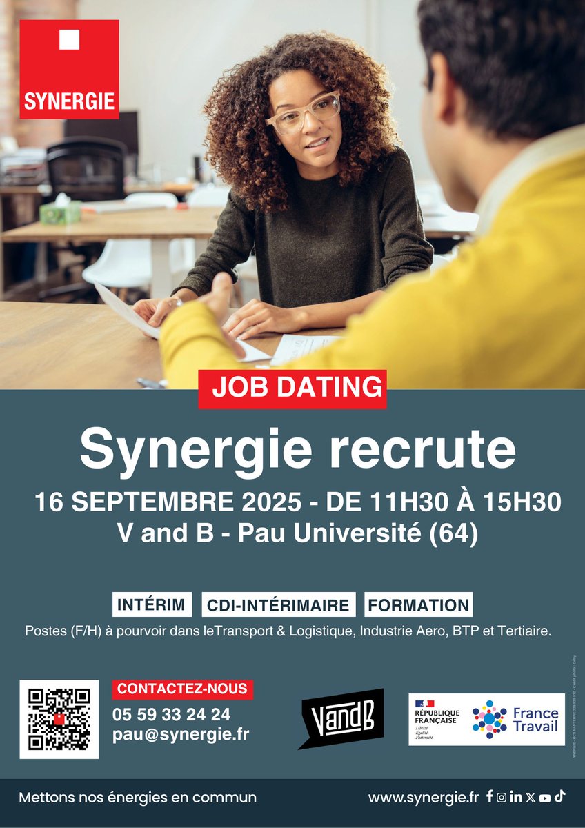 ✅<a href="/Synergie/">Synergie</a> recrute en partenariat #AvecFranceTravail

👉 Venez participer au #jobDating du 16 septembre prochain qui se déroulera dans les locaux de <a href="/VandBOfficiel/">V and B</a> #Pau (64).