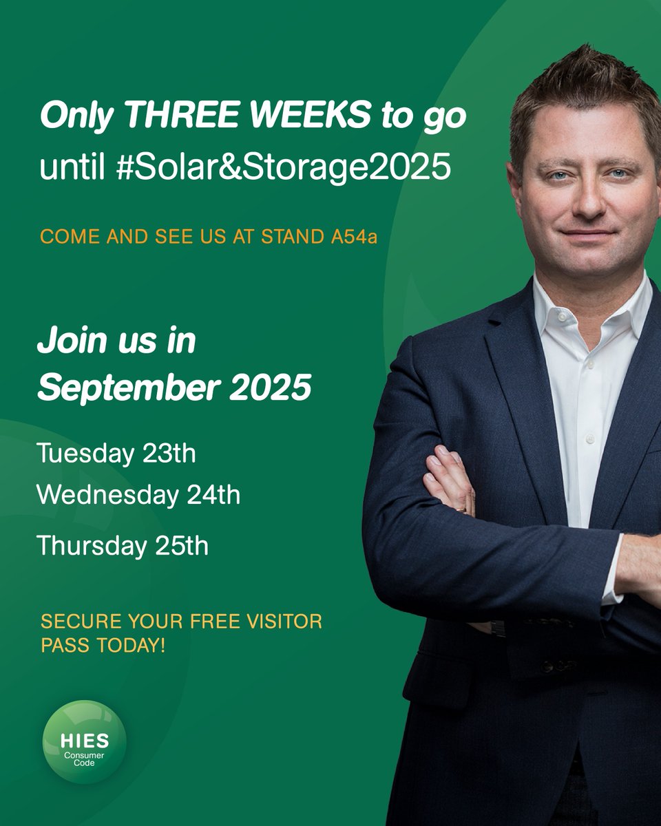 HIES_Scheme's tweet image. Renewable energy installers – will you be attending #SolarandStorage2025?

We are! We’re back at the NEC Birmingham from 23rd to 25th September for the event, and we’ve got something special lined up…

🎟 Secure your FREE visitor pass now: shorturl.at/6BRKP