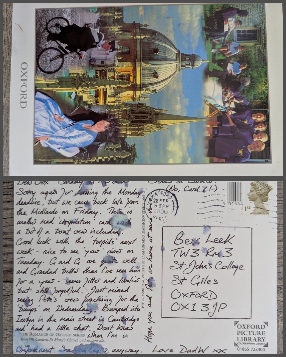 Let's all meet up in the year 2000. From my rainy Oxford student days, that dad of mine religiously sending the weekly postcard. 'Sorry for missing the Monday deadline.' What a dude. He would have been 75 on Friday. 💔 #PostcardTuesday (A lot of rowing going on!)