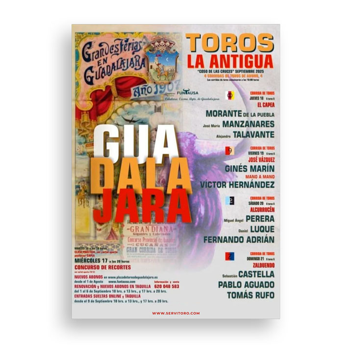 Carteles de excelencia en la Plaza de toros de Guadalajara para la Feria a la Antigua 2025
Con un ciclo compuesto por cuatro corridas de toros, un concurso de recortes y una clase práctica

f.mtr.cool/aknfygtxae