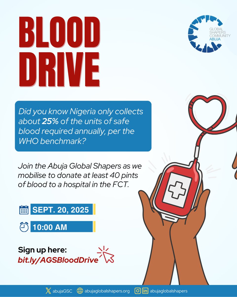Nigeria faces a significant blood shortage, but together, we can change that. AGS is hosting a blood drive on Sept. 20 at 10 am to help meet the critical need in the FCT.

Sign up today at bit.ly/AGSBloodDrive. 📌

Your donation can make a life-saving difference! 💙