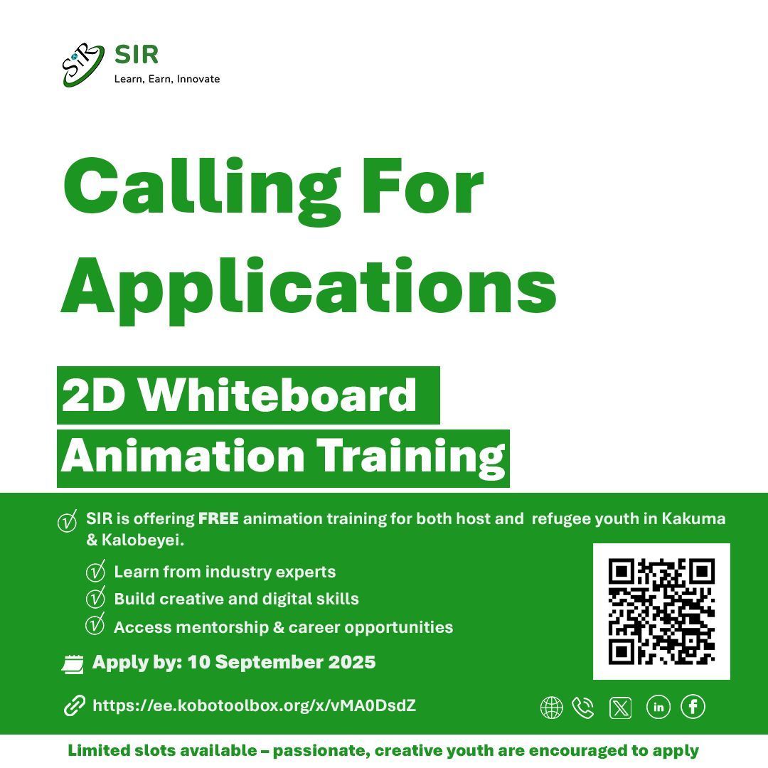 Calling Youth in Kakuma &amp; Kalobeyei!

Apply now for a FREE 4-week 2D Whiteboard Animation Training .

📍 SIR Digital Hub, Kakuma 3
👥 Ages 18–35, Refugees &amp; Host Community
📅 Deadline: 10 Sept 2025

👉 Apply: ee.kobotoolbox.org/x/vMA0DsdZ

#RefugeeLed #DigitalSkills #Animation