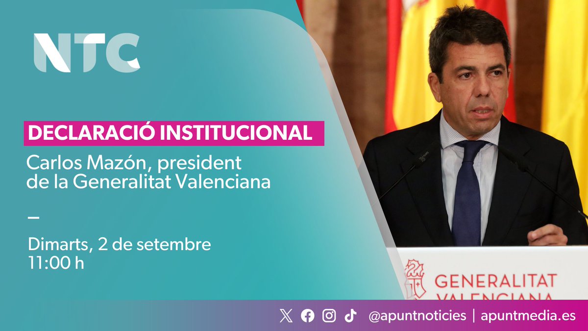 ⚠️📡À Punt t'oferix en directe la declaració institucional del president de la <a href="/generalitat/">Generalitat</a>, Carlos Mazón [<a href="/carlos_mazon_/">Carlos Mazón</a>].

⏰ Este matí, a les 11:00 h.

🔴 Seguix en directe la retransmissió per la televisió i la ràdio d'À Punt: 

📻 web.apunt.es/RàdioEnDirecte 
📺