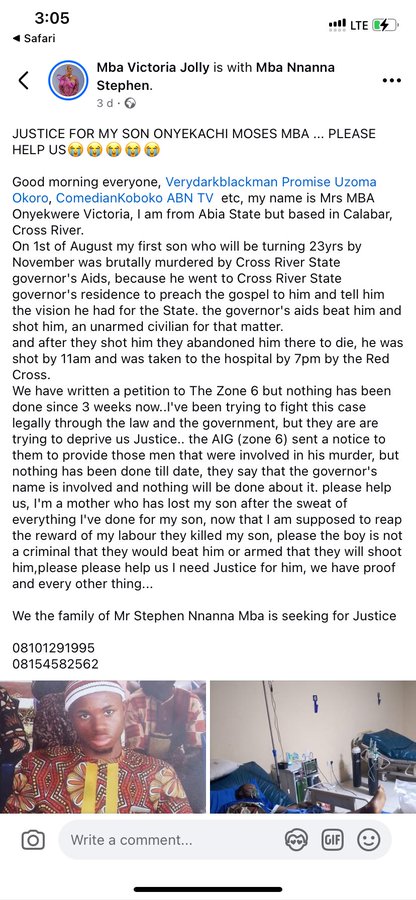 CrossRiverVine's tweet image. 🚨News: Governor Bassey Otu orders arrest of security aide over the killing of 22-year-old Onyekachi Moses Mba in Calabar.

Onyekachi was allegedly beaten &amp;amp; shot at Govt House on Aug 1. His family demands justice.

 #Calabar #CrossRiver