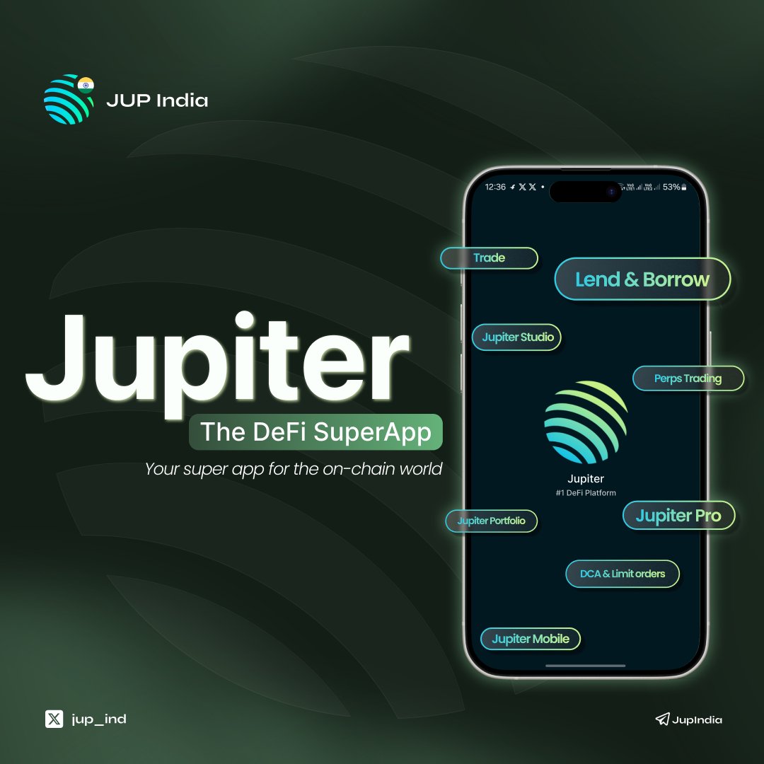 Why is Jupiter the DeFi Superapp? 🪐

Because it’s the only place where a user can do everything they need in DeFi
all inside one ecosystem:

✅Start simple with swaps at the best price,
✅Scale up with perps, DCA &amp; limit orders.
✅Track assets with the Jup Portfolio.
✅Lend,