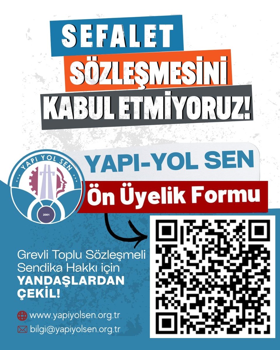 SEFALET SÖZLEŞMESİNİ KABUL ETMİYORUZ!
Her zaman Mücadele Eden Sendikada Kazanabilirsin.
Grevli Toplu Sözleşmeli Sendika Hakkı için YANDAŞ SENDİKADAN ÇEKİL, YAPI YOL SEN’e ÜYE OL Bize katıl!

Ön üyelik için ⬇️
yapiyolsen.org.tr/dimg/form/2364…

Yol, Yapı, Altyapı, Çevre ve Şehircilik, Tapu