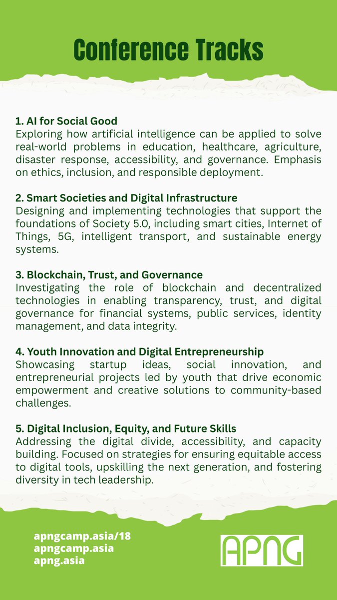 🔎 Have you checked out our Conference Tracks?
Society 5.0 in the Asia Pacific: Innovation for the Next Generation!!!
📅 6-8 February 2026
📍Jakarta, Indonesia
⏰ Apply by 30 Sep 2025
apngcamp.asia/18
apngcamp.asia
apng.asia
#APNGCamp18
#Society5_0