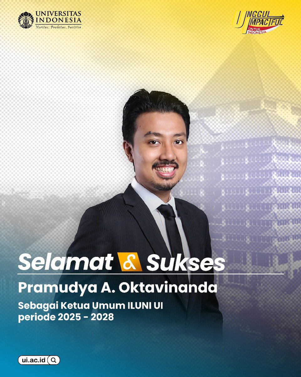 univ_indonesia's tweet photo. Selamat dan Sukses kepada Pramudya A. Oktavinanda, alumni Fakultas Hukum angkatan 2001 yang terpilih sebagai Ketua Umum Ikatan Alumni (Iluni) Universitas Indonesia periode 2025-2028. 

Selamat bertugas! Semoga dapat menjalankan amanah dengan baik dan bijak untuk UI yang Unggul dan Impactful 

#IluniUI #universitasindonesia #alumiUI
