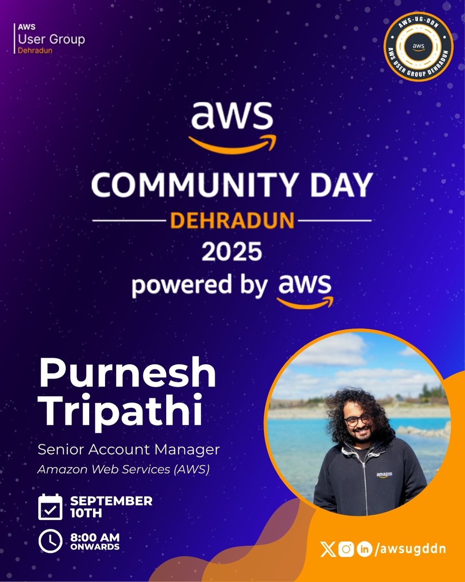 AWS User Group Dehradun (@awsugddn) on Twitter photo π₯ SPEAKER ANNOUNCEMENT! Purnesh Tripathi, Senior Account Manager <a href="/awscloud/">Amazon Web Services</a>, joins AWS Community Day Dehradun 2025! 5+ years of cloud expertise, multiple AWS certs, and startup founder experienceβthis will be epic! π #AWSCommunityDay π₯ SPEAKER ANNOUNCEMENT! Purnesh Tripathi, Senior Account Manager <a href="/awscloud/">Amazon Web Services</a>, joins AWS Community Day Dehradun 2025! 5+ years of cloud expertise, multiple AWS certs, and startup founder experienceβthis will be epic! π #AWSCommunityDay
