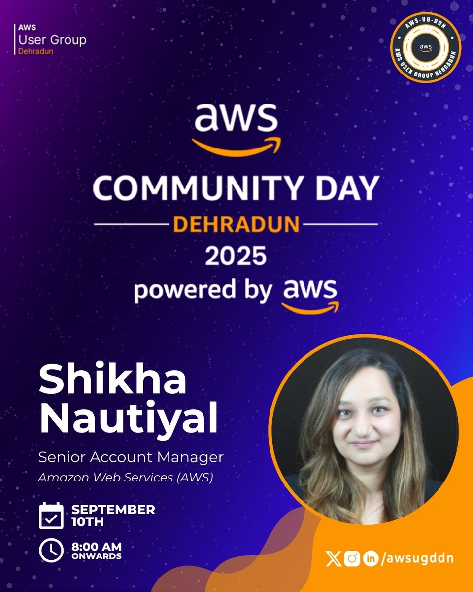 AWS User Group Dehradun (@awsugddn) on Twitter photo π SPEAKER REVEAL! Shikha Nautiyal, Senior Account Manager <a href="/awscloud/">Amazon Web Services</a> Startups, is coming to AWS Community Day Dehradun 2025! MVP award winner with 12+ years helping startups scaleβdon't miss this! π #AWSCommunityDay #StartupLife π SPEAKER REVEAL! Shikha Nautiyal, Senior Account Manager <a href="/awscloud/">Amazon Web Services</a> Startups, is coming to AWS Community Day Dehradun 2025! MVP award winner with 12+ years helping startups scaleβdon't miss this! π #AWSCommunityDay #StartupLife