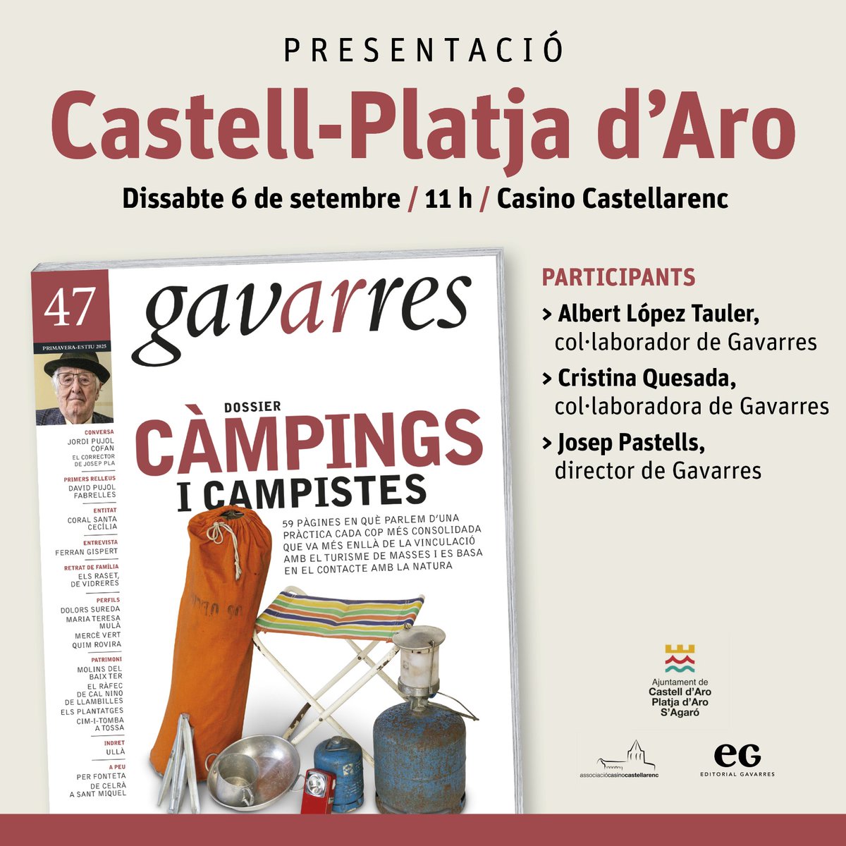 Josep Pastells Mascort (@joseppastells) on Twitter photo Aquest dissabte participarem a la Festa Major de Castell d'Aro. A les 11 del matí, amb la Cristina Quesada i l'<a href="/altauler/">Albert López Tauler</a> , presentarem l'últim número de la revista Gavarres, dedicat a càmpings i campistes. No us ho perdeu! <a href="/GrupGavarres/">Grup Gavarres</a> Aquest dissabte participarem a la Festa Major de Castell d'Aro. A les 11 del matí, amb la Cristina Quesada i l'<a href="/altauler/">Albert López Tauler</a> , presentarem l'últim número de la revista Gavarres, dedicat a càmpings i campistes. No us ho perdeu! <a href="/GrupGavarres/">Grup Gavarres</a>