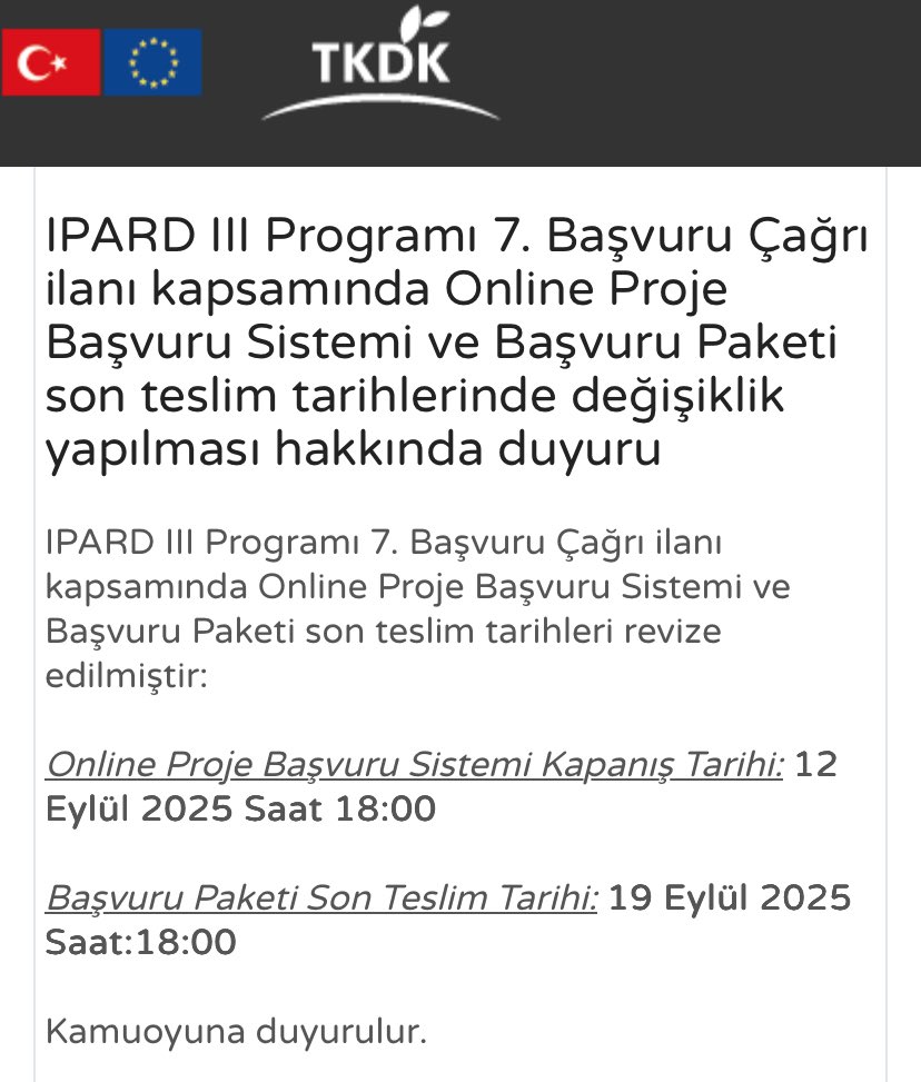 IPARD III Programı 7. Başvuru Çağrı ilanı kapsamında Online Proje Başvuru Sistemi ve Başvuru Paketi son teslim tarihlerinde değişiklik yapılması hakkında duyuru