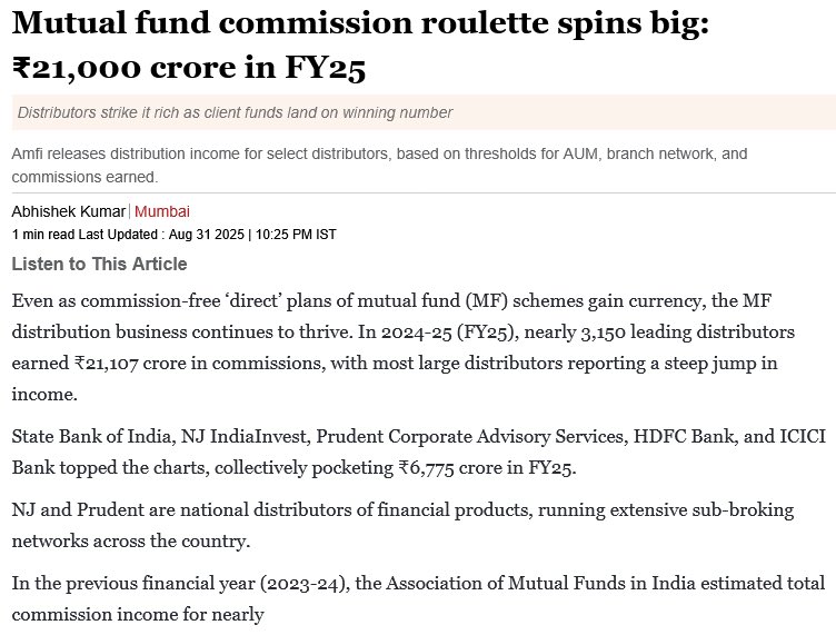 3000 Mutual Fund Distributors have taken away 21000 crores from YOUR pockets. 

And most of you haven’t realised it. 

These include everyone from the “friend” who told you to buy a fund to the big private bank you have an account at.
