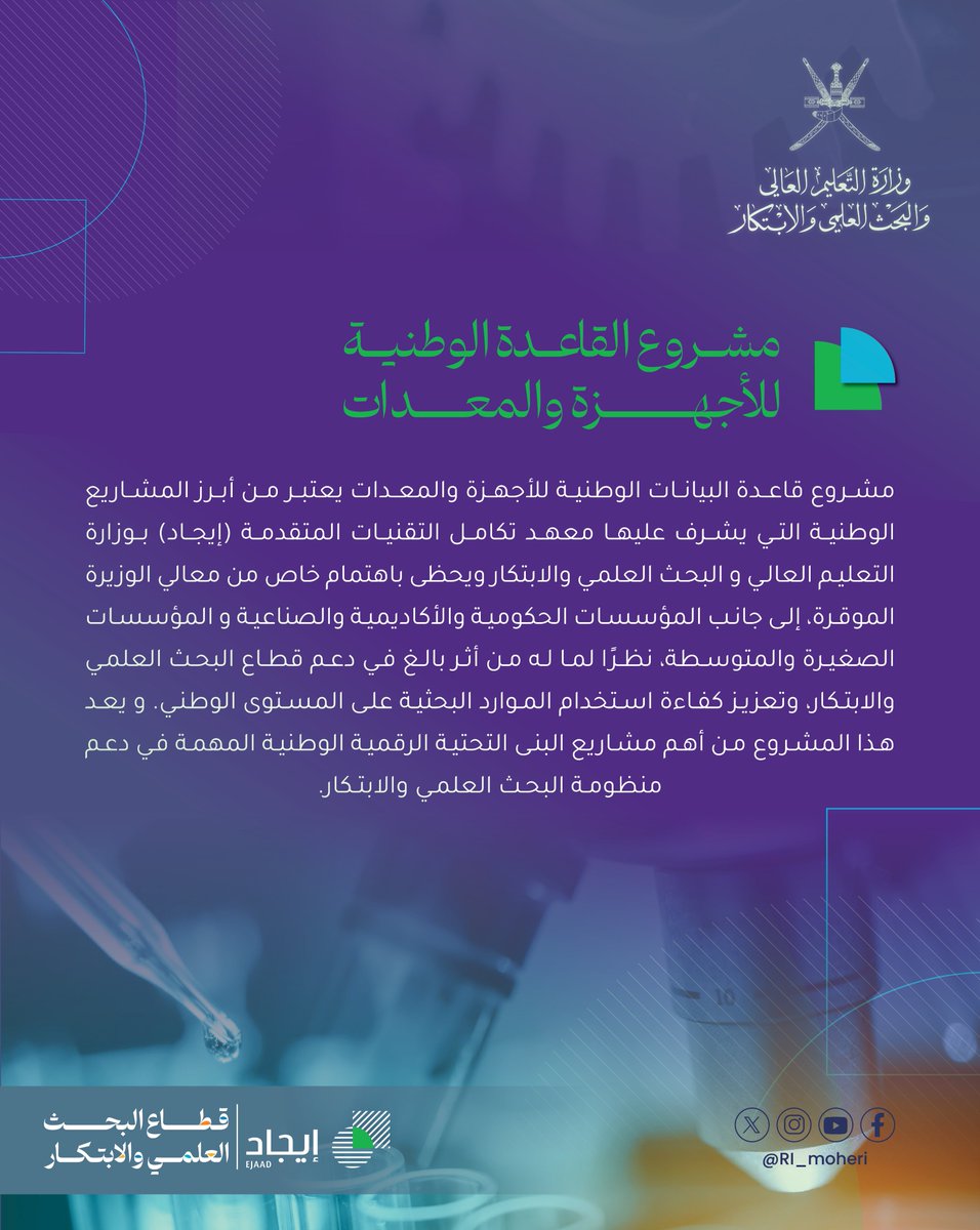 Ejaad_info's tweet image. 🔎 ما هو مشروع القاعدة الوطنية للأجهزة والمعدات #iLab؟
هو منصة وطنية رقمية بإشراف وزارة التعليم العالي والبحث العلمي والابتكار، لتمكين الباحثين والمؤسسات من إدارة الأجهزة والمختبرات والخدمات العلمية في #عُمان.
📌وتهدف الورشة إلى تعريف المشاركين بآلية الحجز والاعتماد، واستعراض…