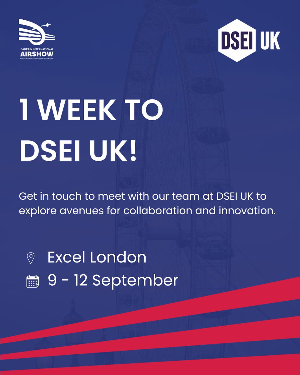 Just 1 week to go until the BIAS team attends DSEI UK. 
We are looking forward to engaging with key stakeholders across the global defence &amp; security sector &amp; exploring new avenues for collaboration.
Secure your meeting by emailing: bahraininternationalairshow@farnborough.com
