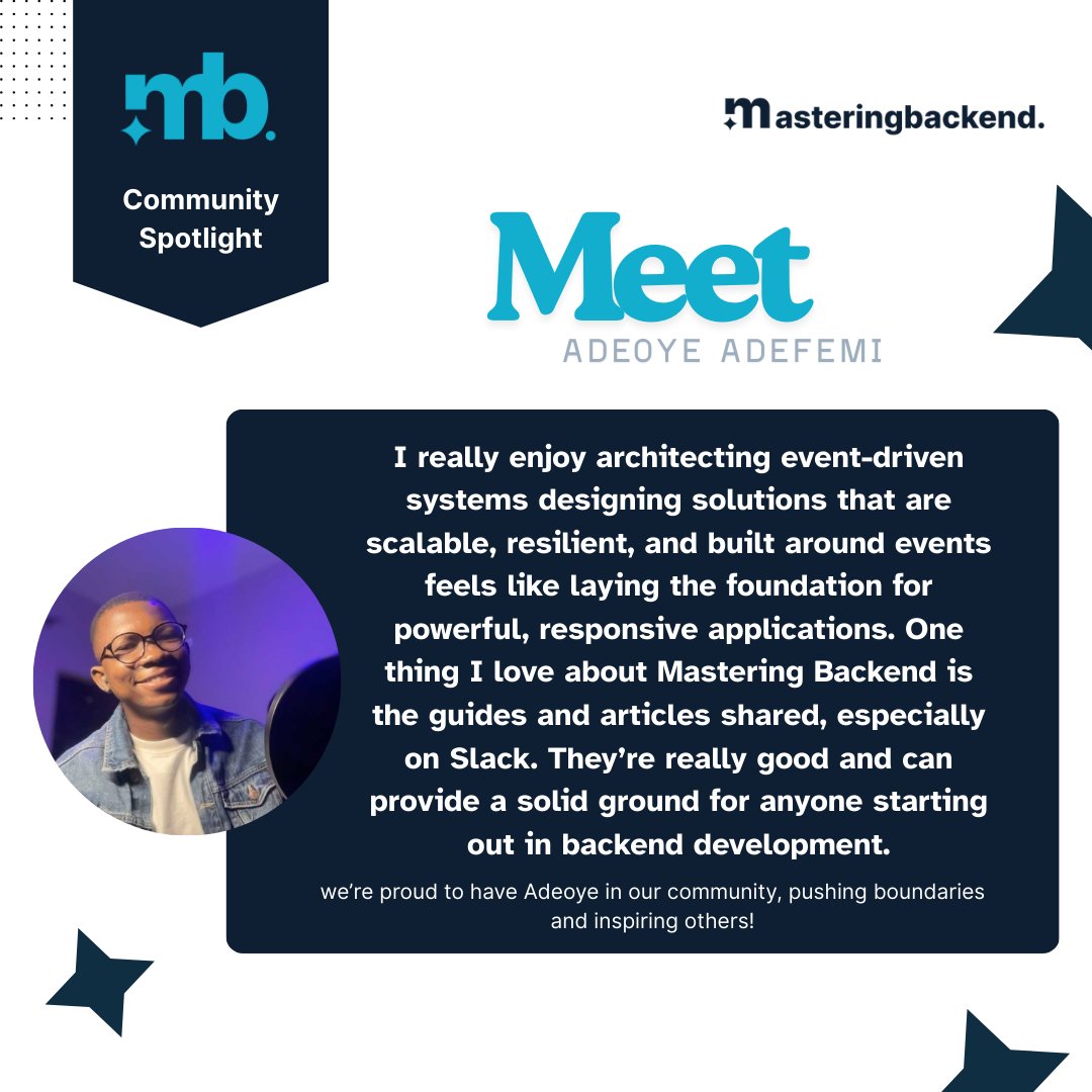 master_backend's tweet image. Community Spotlight

Meet Adeoye Adefemi ( @_opeolluwa ) —
The guides and articles shared on Slack are solid resources that can give anyone starting out a strong foundation.

Proud to have him in our community, inspiring others.

#MasteringBackend #CommunitySpotlight