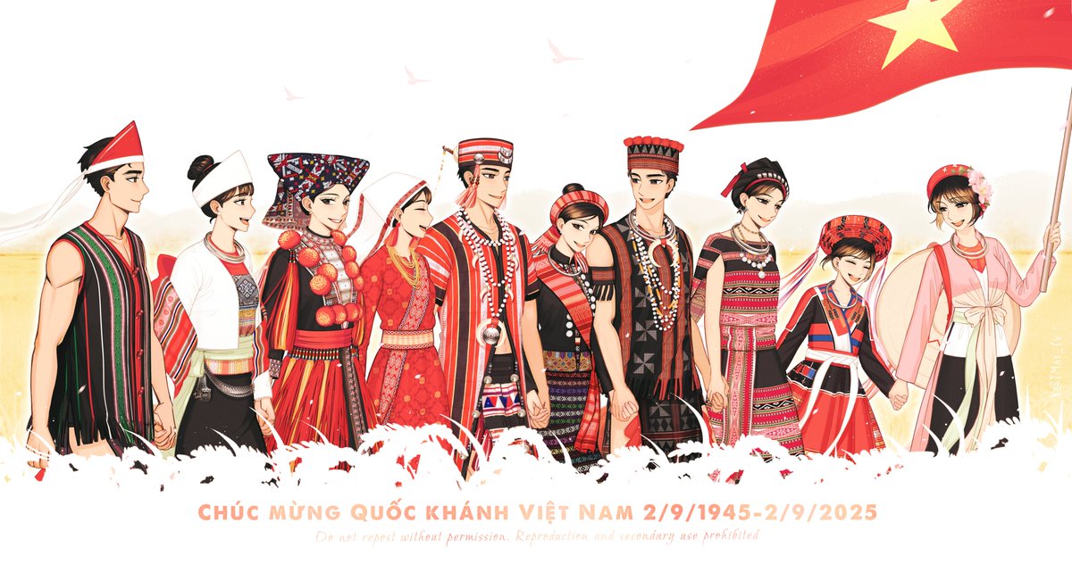 Happy Vietnam Independence Day!!🇻🇳🕊️🎇🥰
I drew our siblings (VN's ethnic minority) celebrating with us 🎉🎉💖😚

#Vietnam #VN_ethnic_minorities
#Ngày_độc_lập #Austroasiatic #Austronesian #HmongMien #Việt #Mnông #Mường #Vân_Kiều #Dao #Chăm #Bana #Giẻ_Triêng #Cơtu #Pà_thẻn