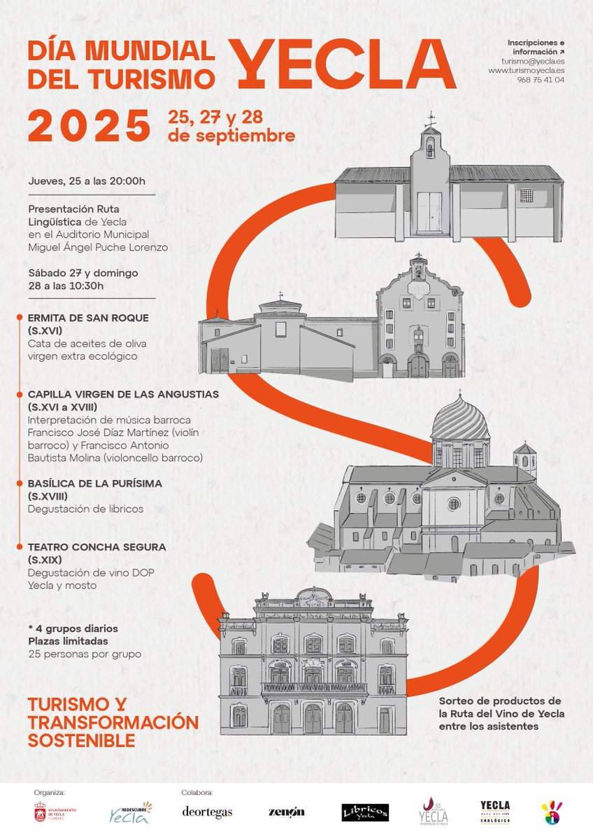 Día Mundial del Turismo en Yecla.

Los días 25, 27 y 28 de septiembre celebramos el #DíaMundialDelTurismo con un recorrido especial por algunos de los lugares más emblemáticos de nuestra ciudad.

Vive con nosotros un turismo ligado a la tradición, la cultura y la sostenibilidad.