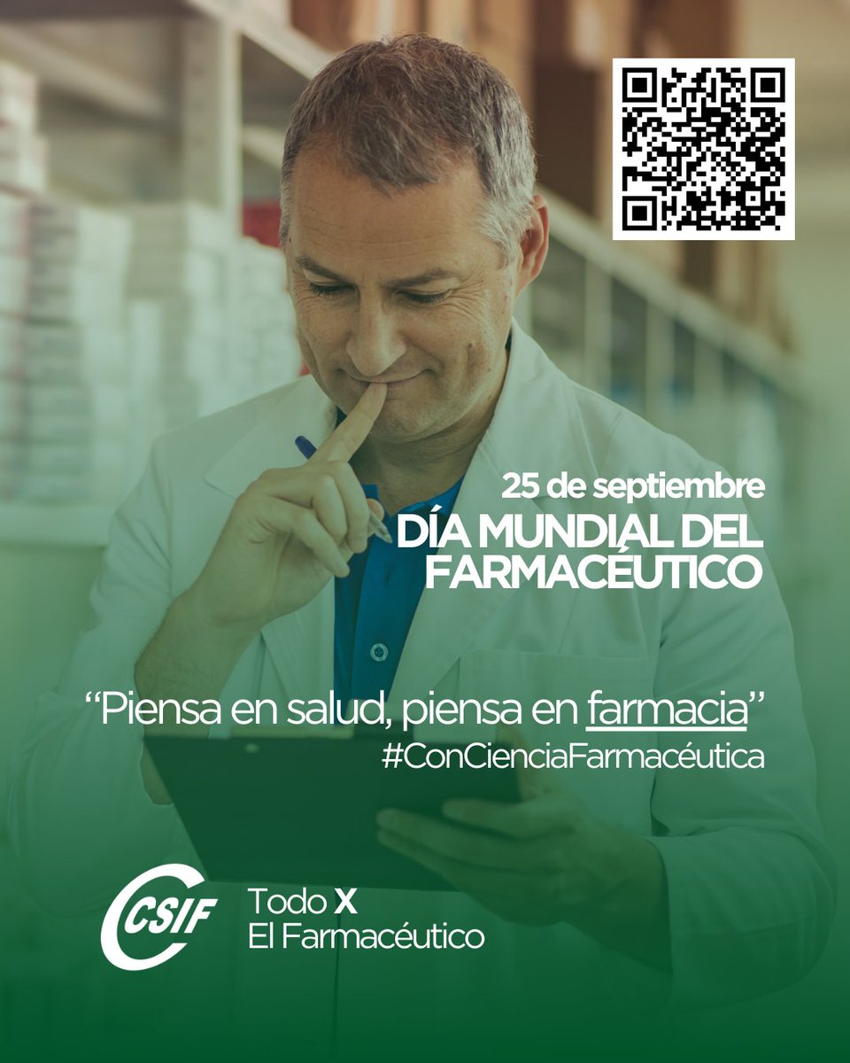 25 de septiembre – Día Mundial del #Farmacéutico

💬 “En cada medicamento, en cada análisis clínico y en cada intervención hospitalaria está la mano de un farmacéutico.”

📲 Más info: csif.es/es/articulo/na…

#DíaMundialdelFarmacéutico #ConCienciaFarmacéutica
#CSIF