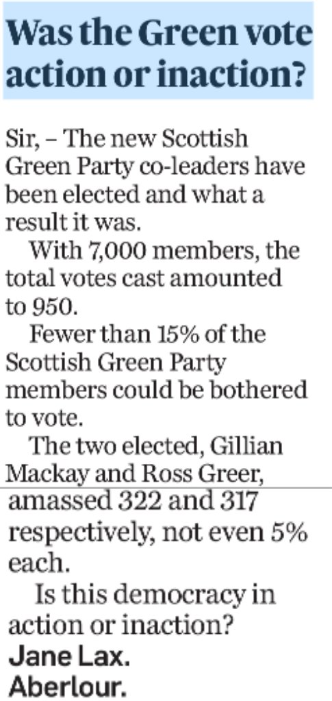 My letter in yesterday's Courier.  It is clear that the majority of Green members have no interest in who leads them.  I guess when you look at who was on the ballot paper, that's no surprise.