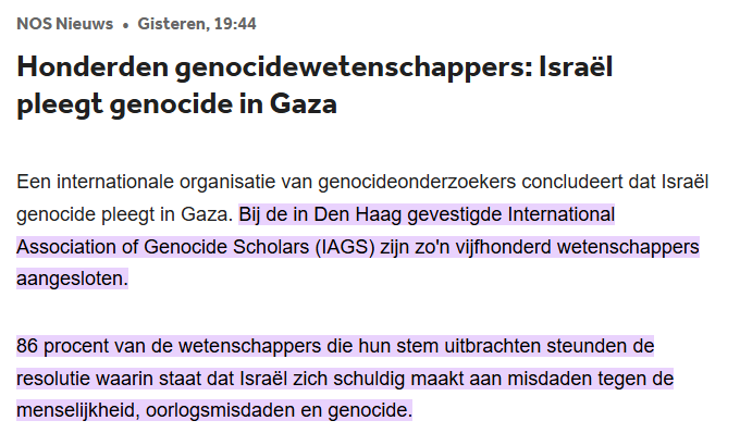 Gisteren verscheen weer eens de beschuldiging dat Israel genocide zou plegen. De NOS kopte dat ‘honderden genocidewetenschappers’ dit hebben ‘geconcludeerd’. Maar de vork zat weer eens volledig anders in de steel: