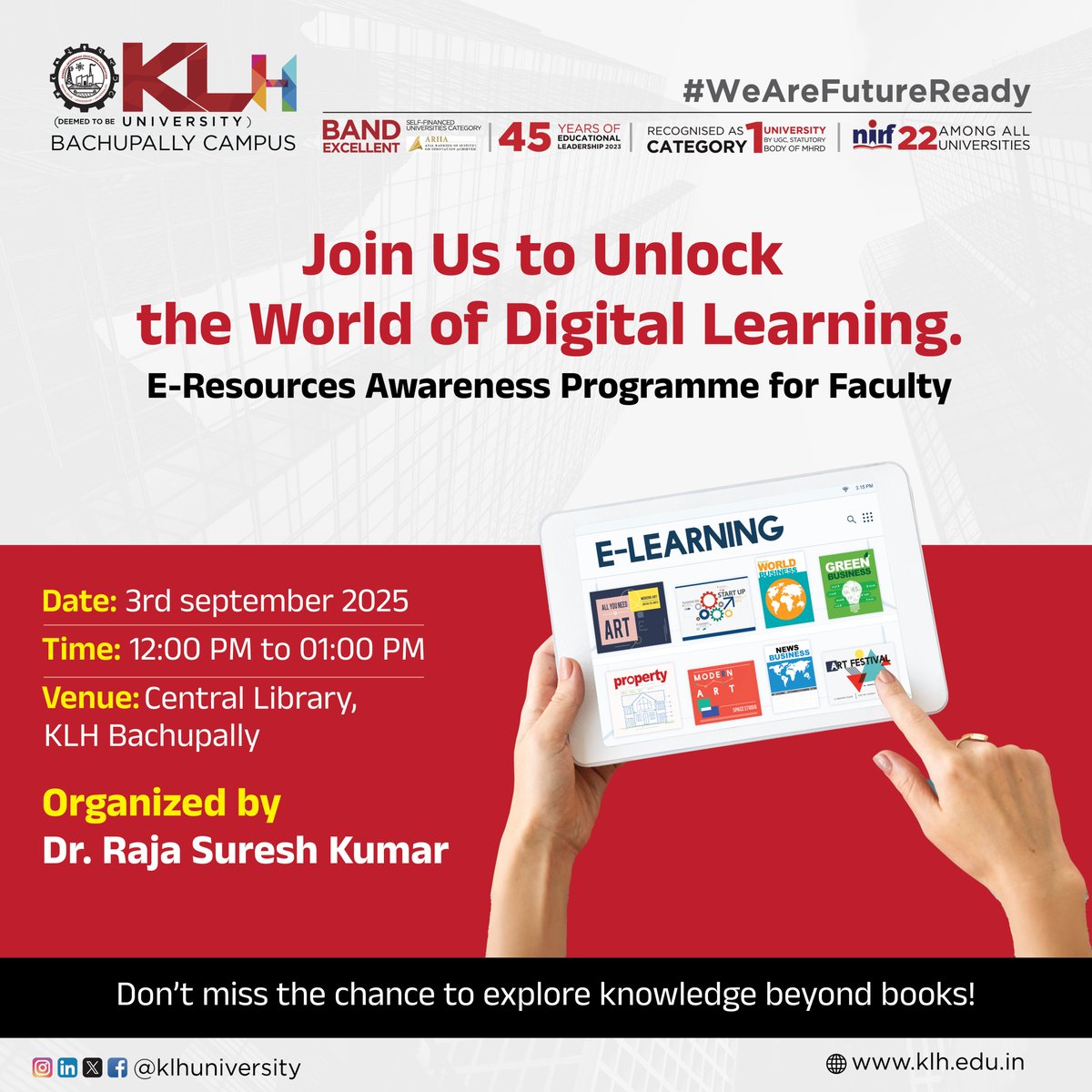 klhuniversity's tweet image. Enhance your teaching with cutting-edge digital tools and e-resources at the Central Library, KLH Bachupally. Join this exclusive faculty program to explore research databases, online journals, and smart teaching platforms.

#DigitalLearning #EdTechForFaculty #SmartTeaching