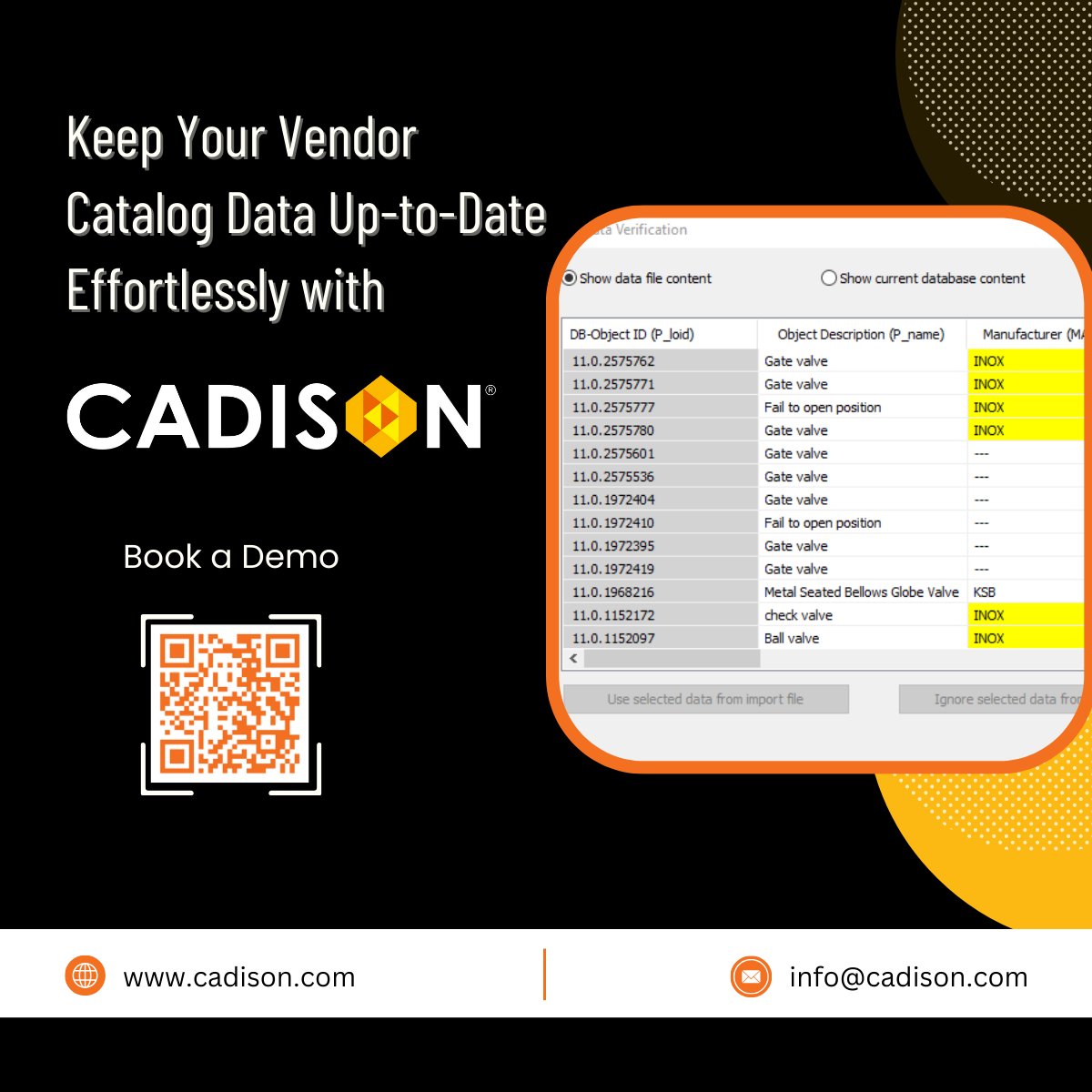 CADISON3D's tweet image. Managing vendor catalog data just got easier with CADISON’s 𝐃𝐚𝐭𝐚 𝐄𝐱𝐩𝐨𝐫𝐭-𝐈𝐦𝐩𝐨𝐫𝐭feature! No more tedious manual entries. Update data once, and it gets synced everywhere. See #CADISONin action today! cadison.com/en/demo-request
#PlantDesign #EngineeringSoftware