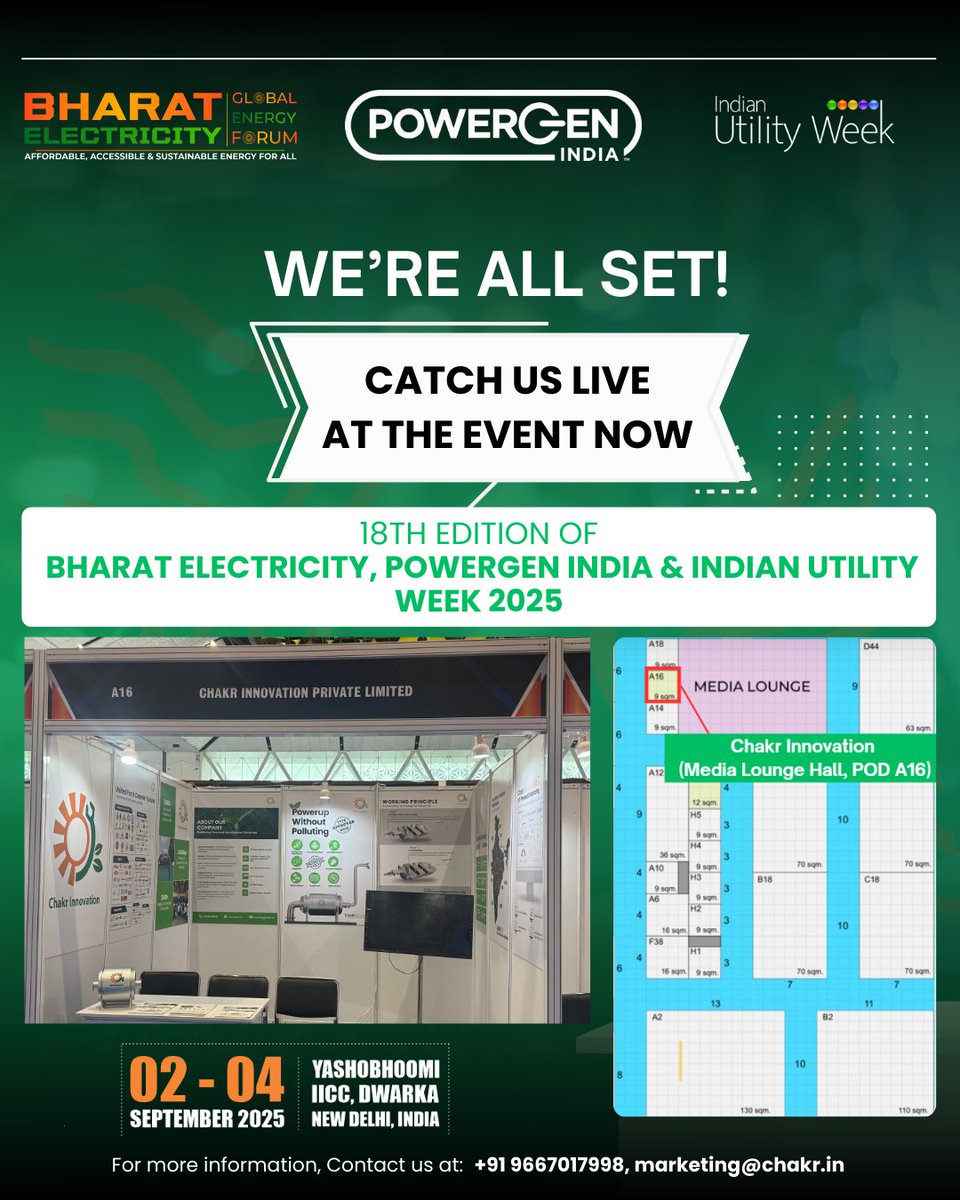 We’re live at #PowerGenIndia 2025! 🌍
Showcasing Chakr Shield – cutting diesel genset emissions by 70–90% &amp; ensuring full compliance.
📍 Visit us at POD A16, Media Lounge Hall, Yashobhoomi, Dwarka | 2–4 Sept

Let’s build a #ViksitBharat together! 🇮🇳✨